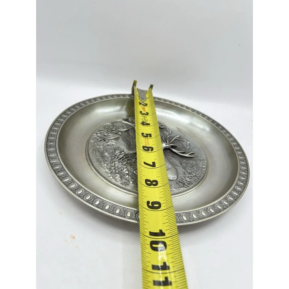 Vintage Round Pewter Wall Hanging Deer in Meadow Raised Design 9.75